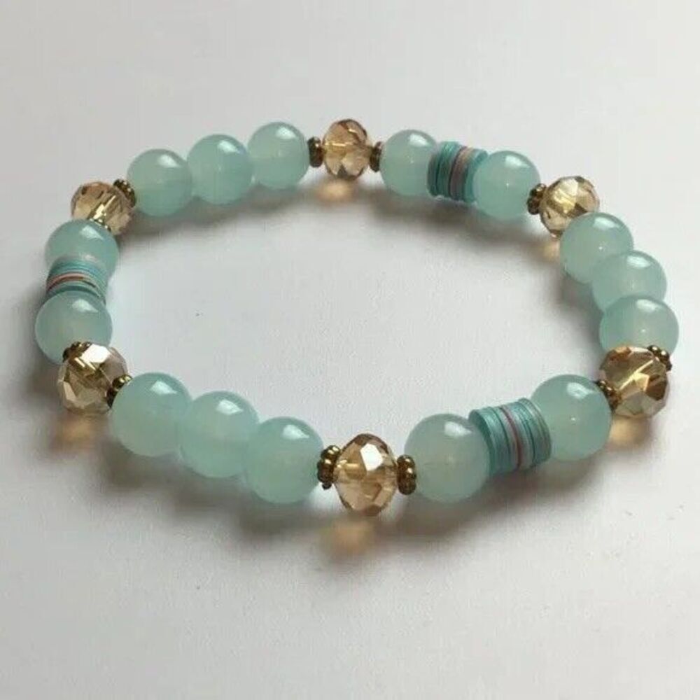Beaded Bracelet Semi Precious Chalcedony Beads Discs Glass Rondelles